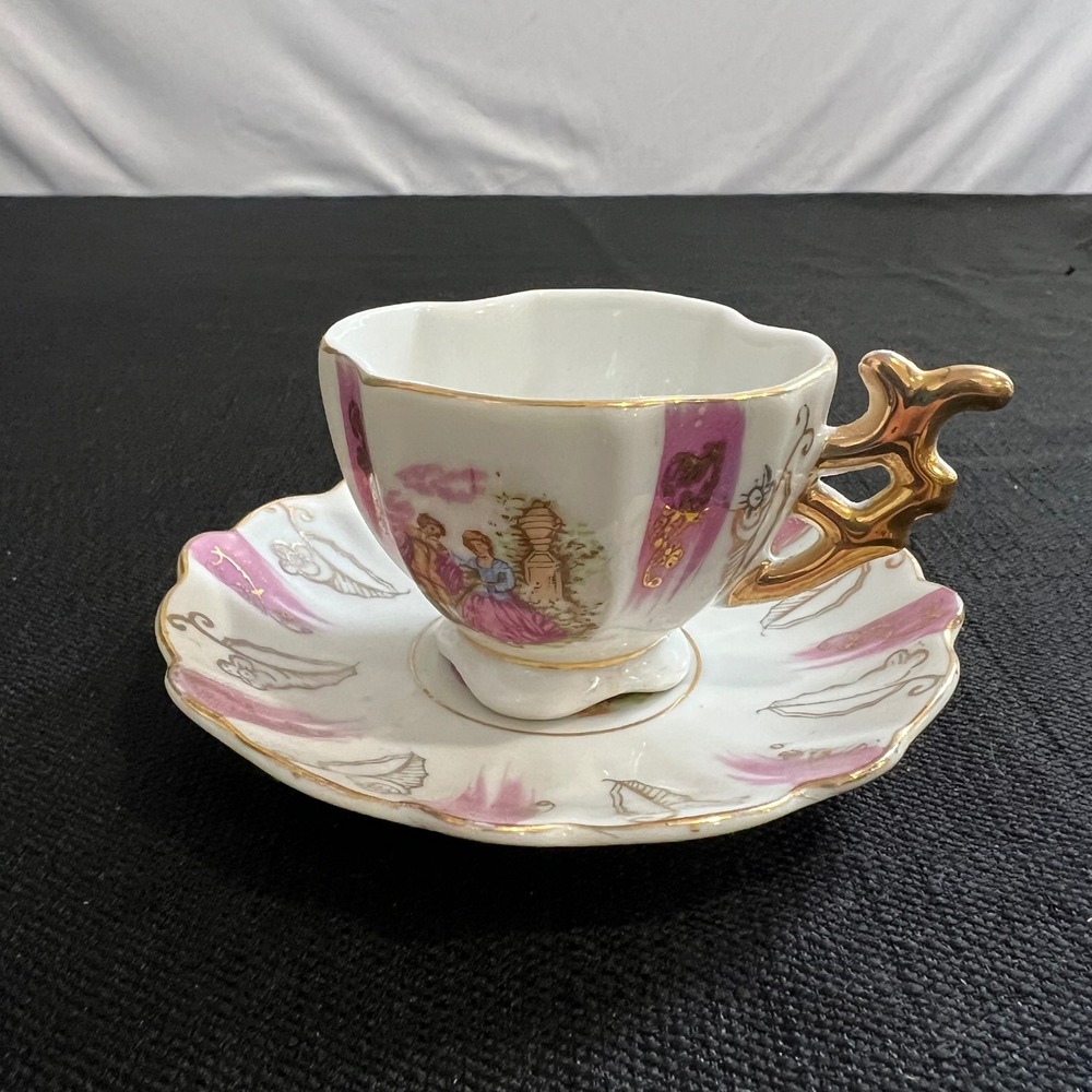 Sonsco Japan Porcelain Tea Cup Saucer Set Pink Gold Fragonard Courting Couple